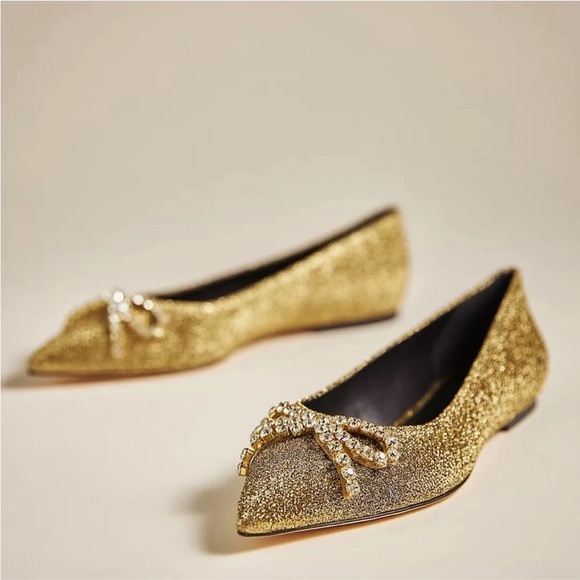 Larroudé Lee Crystal-Embellished Lure Flats in Gold Size 6.5 NWOT - Picture 1 of 9